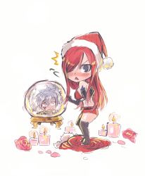 Rule 34 | 1girl, blush, candle, crystal ball, embarrassed, erza scarlet, fairy tail, flower, hat, jellal fernandes, long hair, rboz, red hair, rusky, santa costume, santa hat, thighhighs