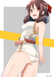 Rule 34 | 1girl, alternate costume, armpits, breasts, brown hair, cosplay, cowboy shot, drill hair, groin, harukaze (kancolle), highres, kantai collection, kote (dew), looking at viewer, looking back, maru-yu (kancolle), maru-yu (kancolle) (cosplay), medium breasts, off shoulder, one-piece swimsuit, open mouth, red eyes, school swimsuit, simple background, smile, solo, swimsuit, twin drills, white one-piece swimsuit
