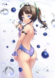 Rule 34 | 1girl, absurdres, aomaru, ass, back, brown hair, frilled one-piece swimsuit, frilled swimsuit, frills, green ribbon, hair ribbon, highres, long hair, looking at viewer, looking back, one-piece swimsuit, original, purple eyes, purple one-piece swimsuit, ribbon, solo, standing, swimsuit, thighs, twintails, water drop, wedgie