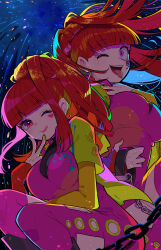 Rule 34 | 1girl, blunt bangs, corruption, dark persona, dual persona, earrings, gnosia, heart, heart earrings, heart tattoo, high ponytail, highres, jewelry, long hair, long sleeves, looking at viewer, nail polish, one eye closed, red eyes, red hair, skull tattoo, sq (gnosia), tattoo, toyama96