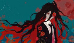 Rule 34 | 1boy, artist name, black hair, black jacket, black necktie, blood, blood on clothes, blood on face, blue background, collared shirt, colored inner hair, commentary, danganronpa (series), danganronpa 2: goodbye despair, expressionless, flower, flower over eye, formal, hair between eyes, highres, jacket, kamukura izuru, liang cun rakuna, long hair, looking at viewer, male focus, messy hair, multicolored hair, necktie, one eye covered, poppy (flower), red background, red eyes, red flower, red hair, shirt, simple background, solo, suit, symbol-only commentary, twitter username, two-tone background, upper body, very long hair, white shirt, wing collar