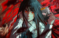 Rule 34 | 1girl, absurdres, black hair, blood, blood splatter, blood spray, cassette player, cassette tape, chainsaw man, cross scar, facial scar, fourth east high school uniform, ganet p, highres, intestines, long hair, looking at viewer, open mouth, red eyes, red theme, ringed eyes, scar, scar on cheek, scar on face, school uniform, severed head, solo, yoru (chainsaw man)