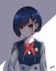Rule 34 | 10s, 1girl, bee doushi, blush, buttons, closed mouth, darling in the franxx, double-breasted, expressionless, eyelashes, green eyes, hair ornament, hairclip, head tilt, highres, hug, ichigo (darling in the franxx), light, long sleeves, looking at viewer, school uniform, short hair, signature, solo, upper body