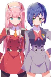 Rule 34 | 10s, 2girls, aqua eyes, blue hair, closed mouth, darling in the franxx, frown, green eyes, hair ornament, hairband, hairclip, hand on own hip, highres, horns, ichigo (darling in the franxx), ichijo rei, long hair, multiple girls, pantyhose, pink hair, short hair, smile, uniform, very long hair, zero two (darling in the franxx)