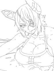 Rule 34 | 10s, 1girl, alternate costume, bad drawr id, bad id, bare shoulders, breasts, cleavage, collarbone, cosmic bear, eyepatch, greyscale, headgear, kantai collection, kickboard, large breasts, looking at viewer, monochrome, short hair, simple background, solo, swimsuit, tenryuu (kancolle), white background