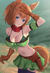 Rule 34 | 1girl, absurdres, animal ears, arm up, armpits, bandeau, bare shoulders, belt, bikini, bikini under clothes, black thighhighs, blue eyes, breasts, brown belt, brown gloves, brown hair, cleavage, commentary, cowboy shot, detached sleeves, gloves, green skirt, grin, head tilt, highres, holster, horse ears, large breasts, looking at viewer, midriff, miniskirt, navel, pleated skirt, ponytail, puffy short sleeves, puffy sleeves, short hair, short sleeves, skirt, skirt set, smile, solo, standing, stomach, strapless, swimsuit, taiki shuttle (umamusume), tail, tanac mangi, thighhighs, tube top, umamusume