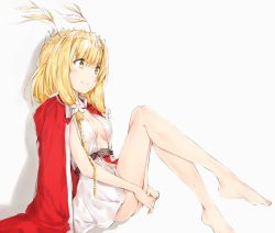 Rule 34 | 1girl, ass, bad hands, bad id, bad pixiv id, bare legs, barefoot, belt, blonde hair, braid, breasts, cape, center opening, cleavage, closed mouth, dress, flower, hair flower, hair ornament, highres, idun (tower of saviors), legs up, long hair, medium breasts, own hands together, plantar flexion, red cape, short dress, short hair, silver (chenwen), simple background, single braid, small breasts, smile, solo, tareme, tower of saviors, white background, white dress, yellow eyes