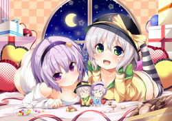 Rule 34 | 2girls, ass, box, candy, character doll, collarbone, cookie, downblouse, food, gift, gift box, green eyes, hairband, hands on own cheeks, hands on own face, hat, hat ribbon, heart, heart-shaped pillow, komeiji koishi, komeiji satori, leg up, light purple hair, looking at viewer, lying, masa (miyabitei), multiple girls, no pants, off shoulder, on stomach, open mouth, panties, pillow, purple eyes, ribbon, shirt, siblings, side-tie panties, silver hair, sisters, smile, striped clothes, striped legwear, striped thighhighs, thighhighs, third eye, touhou, underwear