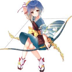 Rule 34 | 1girl, archery, arrow (projectile), artist request, blue hair, blue skirt, bow (weapon), brown eyes, flower, full body, gloves, hair flower, hair ornament, holding, holding arrow, holding bow (weapon), holding weapon, kitsuki (oshiro project), kyuudou, muneate, official art, oshiro project:re, oshiro project:re, partially fingerless gloves, partly fingerless gloves, quiver, short hair, skirt, smile, transparent background, weapon, yugake