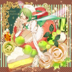 Rule 34 | 1girl, apron, brown eyes, cake, copyright name, fairy, fairy wings, finger to mouth, flower, food, gem, glasses, green hair, index finger raised, nishihara isao, one eye closed, pixiv fantasia, pixiv fantasia 4, pointy ears, shushing, solo, wings