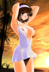 Rule 34 | 1girl, beach, blush, breasts, breasts out, brown eyes, brown hair, cameltoe, choker, cloud, fuchida kyou, large breasts, looking at viewer, nipples, no bra, ocean, outdoors, palm tree, short hair, solo, sunset, tree, water