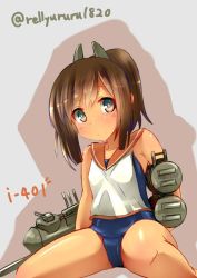Rule 34 | 10s, 1girl, bare shoulders, brown eyes, brown hair, grey background, i-401 (kancolle), kantai collection, looking at viewer, one-piece swimsuit, ponytail, sailor collar, school swimsuit, school uniform, serafuku, shirt, short hair, simple background, sitting, sleeveless, sleeveless shirt, solo, swimsuit, swimsuit under clothes, tan, unomi, white shirt
