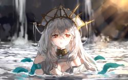 Rule 34 | 1girl, arknights, bare shoulders, blue nails, breasts, cleavage, day, detached collar, dress, front ponytail, large breasts, light rays, long hair, looking at viewer, nail polish, off-shoulder dress, off shoulder, official alternate costume, outdoors, parted lips, partially submerged, red eyes, silver hair, skadi (arknights), skadi the corrupting heart (arknights), skadi the corrupting heart (sublimation) (arknights), solo, sunbeam, sunlight, upper body, very long hair, water, white dress, white headwear, wloan (wanxiao2004)