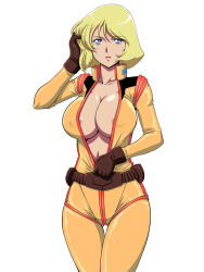 Rule 34 | 1girl, belt, blonde hair, blue eyes, breasts, cleavage, covered erect nipples, gloves, gundam, highres, large breasts, lento (glamour works), looking at viewer, mobile suit gundam, open mouth, partially unzipped, pilot suit, sayla mass, short hair, simple background, solo, white background