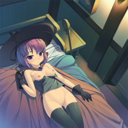 Rule 34 | 1girl, bed, bedroom, black thighhighs, blue eyes, bottomless, breasts, censored, chunsoft, clothes pull, dragon quest, dragon quest iii, enix, gloves, hat, lying, mage (dq3), munashi mujou, nipples, no bra, no panties, pink hair, pussy, shirt pull, short hair, small breasts, solo, thighhighs, witch hat