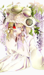 Rule 34 | 1girl, absurdres, adapted costume, alternate headwear, arm support, bad id, bad pixiv id, blonde hair, commentary, covering own mouth, dress, facial tattoo, flower, hair tubes, hand up, hat, highres, holding, leaf, long sleeves, looking at viewer, mandarin collar, moriya suwako, one eye covered, purple eyes, robe, rope, shide, shimenawa, short hair, sideways glance, simple background, sitting, sleeves past wrists, solo, swastika, tagme, tattoo, touhou, white background, white dress, white hat, white robe, wide sleeves, wisteria, yonemuro