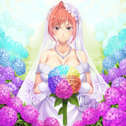 Rule 34 | 1girl, absurdres, alternate hairstyle, arisugawa natsuha, bare shoulders, blush, bouquet, bridal veil, bride, brown hair, collarbone, commentary request, dress, flower, gloves, grey eyes, hair flower, hair ornament, hair up, highres, idolmaster, idolmaster shiny colors, jewelry, looking at viewer, mukunokino isshiki, necklace, ribbon, sleeveless, sleeveless dress, smile, solo, strapless, strapless dress, upper body, veil, wedding dress, white dress, white gloves, white ribbon