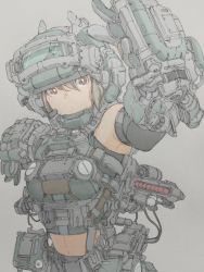 Rule 34 | 1girl, armor, breasts, brown hair, closed mouth, elbow gloves, gloves, goggles, goggles on headwear, grey background, hair between eyes, helmet, highres, looking at viewer, mecha musume, medium breasts, mekaringo, midriff, original, power armor, red eyes, science fiction, simple background, solo, upper body