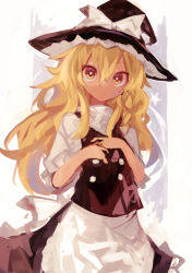 Rule 34 | 1girl, apron, black hat, black skirt, black vest, blonde hair, bow, braid, buttons, closed mouth, commentary, cowboy shot, frilled hat, frills, hair between eyes, hands on own chest, hat, hat bow, highres, kaamin (mariarose753), kirisame marisa, long hair, looking at viewer, puffy short sleeves, puffy sleeves, red eyes, shirt, short sleeves, single braid, skirt, solo, star (symbol), touhou, vest, waist apron, white apron, white bow, white shirt, witch hat