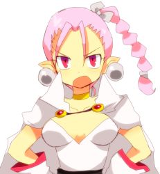 Rule 34 | 1990s (style), 1girl, braid, breasts, cape, chrono (series), chrono trigger, earrings, female focus, flea (chrono trigger), gloves, hands on own hips, jewelry, leotard, long hair, mituihisasi, open mouth, pink hair, pointy ears, red eyes, single braid, solo, white background