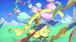 Rule 34 | 1girl, :d, absurdres, adapted costume, blurry, character hair ornament, commentary request, creatures (company), day, dress, game freak, grass, green hair, grey pantyhose, hair ornament, highres, iono (pokemon), leg up, long hair, long sleeves, looking at viewer, motion blur, mountainous horizon, multicolored hair, nintendo, open mouth, outdoors, pantyhose, pink hair, pokemon, pokemon sv, sky, sleeves past fingers, sleeves past wrists, smile, solo, standing, tibetan clothes, two-tone hair, yellow dress, yuh2532