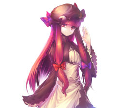 Rule 34 | 1girl, alternate color, alternate costume, alternate hair color, apron, blunt bangs, bow, capelet, crescent, dress, female focus, hair bow, hat, long hair, moon, patchouli knowledge, purple eyes, purple hair, robe, simple background, smile, solo, touhou, waving, wide sleeves, yandywu