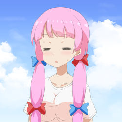 Rule 34 | 1girl, = =, alternate costume, blue bow, blue sky, bow, breasts, cato (monocatienus), closed eyes, cloud, collarbone, commentary, hair bow, highres, hot, large breasts, long hair, patchouli knowledge, pink hair, red bow, short sleeves, sky, solo, sweat, touhou, triangle mouth, upper body, white sleeves