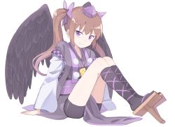 Rule 34 | 1girl, arm support, arms at sides, bike shorts, black wings, bow, brown hair, cellphone, cross-laced footwear, geta, hair bow, hair ornament, hat, himekaidou hatate, japanese clothes, kneehighs, long hair, long sleeves, looking away, obi, obiage, obijime, overexposure, pelvic curtain, phone, purple eyes, sash, side slit, sitting, smile, socks, solo, tabi, tokin hat, touhou, twintails, usuaji, white background, wide sleeves, wings