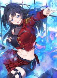 Rule 34 | 1girl, asymmetrical sleeves, black gloves, black hair, black shorts, black thighhighs, blue eyes, blue fire, blue nails, blush, breasts, commentary, cropped jacket, dive! (love live!), epaulettes, fingerless gloves, fire, gloves, highres, index finger raised, jacket, kuziaaizuk, long hair, long sleeves, looking at viewer, love live!, love live! nijigasaki high school idol club, medium breasts, midriff, nail polish, navel, open mouth, red jacket, red skirt, shorts, shorts under skirt, single glove, skirt, smile, solo, thighhighs, yuki setsuna (love live!), zettai ryouiki