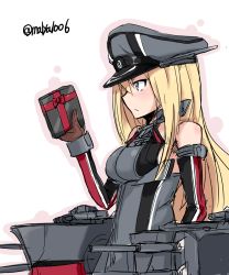 Rule 34 | 10s, 1girl, bare shoulders, bismarck (kancolle), blonde hair, blue eyes, blush, box, brown gloves, detached sleeves, gift, gift box, gloves, hat, highres, holding, holding gift, kantai collection, long hair, machinery, maruyaa (malya1006), military, military uniform, peaked cap, solo, turret, twitter username, uniform