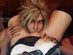 Rule 34 | 1boy, 1girl, 3d, black skirt, black thighhighs, blonde hair, blue eyes, breasts, breasts out, clothes lift, cloud strife, crotch, cunnilingus, female pov, final fantasy, final fantasy vii, final fantasy vii remake, grabbing, hand on another&#039;s leg, hand on another&#039;s thigh, head between thighs, hetero, highres, looking at viewer, nipple stimulation, nipple tweak, nipples, oral, pov, pussy bulge, ria-neearts, sex, skirt, spiked hair, square enix, suspenders, tank top, thighhighs, thighs, tifa lockhart, twitter username, white tank top