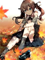 Rule 34 | 1girl, ahoge, arm support, autumn, autumn leaves, black skirt, blurry, blurry foreground, brown hair, day, depth of field, green eyes, hair ribbon, highres, hololive, hugging own legs, knee up, lace, lace legwear, leaf, long hair, looking at viewer, lux (dera ix), natsuiro matsuri, natsuiro matsuri (casual), outdoors, paisley, ribbon, shoes, sitting, skirt, smile, solo, thighs, unworn shoe, unworn shoes, virtual youtuber, watch, wristwatch