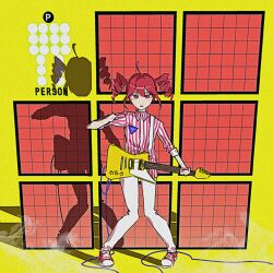 Rule 34 | 1girl, commentary request, drill hair, electric guitar, full body, guitar, hakushi jaco, highres, holding, holding guitar, holding instrument, instrument, kasane teto, p-model, red eyes, red footwear, red hair, shadow, shirt, shoes, sneakers, solo, striped clothes, striped shirt, twin drills, utau, wing collar