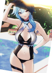 Rule 34 | 1girl, absurdres, aqua hair, arm up, asymmetrical hair, blurry, blurry background, breasts, day, eula (genshin impact), genshin impact, hair between eyes, hand on own hip, highres, huge filesize, kkopoli, large breasts, one-piece swimsuit, outdoors, parted lips, pool, purple eyes, solo, swimsuit, twitter username, water