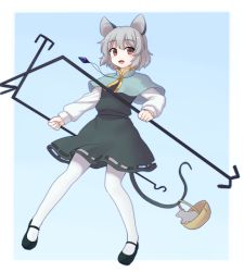 Rule 34 | 1girl, animal ears, basket, capelet, dowsing rod, dress, gem, grey dress, grey hair, isaki (gomi), jewelry, long sleeves, mary janes, mouse (animal), mouse ears, mouse tail, nazrin, necklace, open mouth, pantyhose, pendant, red eyes, shirt, shoes, smile, solo, tail, touhou, white pantyhose