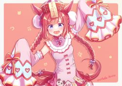 Rule 34 | 1girl, absurdres, agnes digital (lovely jiangshi) (umamusume), agnes digital (umamusume), alcohol exe, animal ears, arms up, blue eyes, blue ribbon, braid, china dress, chinese clothes, detached sleeves, double bun, dress, hair bun, hair ribbon, halloween, halloween costume, hat, heart, high collar, highres, horse ears, horse girl, horse tail, jiangshi costume, long hair, looking at viewer, official alternate costume, ofuda, open mouth, outside border, pink background, pink dress, pink hair, pink sleeves, qingdai guanmao, red hat, ribbon, short dress, sidelocks, sleeveless, sleeveless dress, sleeves past fingers, sleeves past wrists, smile, solo, sparkle, standing, tail, twin braids, twintails, twitter username, umamusume