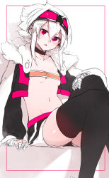 Rule 34 | 1girl, absurdres, bandaged hand, bandages, bandeau, black choker, black thighhighs, breasts, choker, cropped jacket, feet out of frame, goggles, goggles on head, head tilt, highres, jacket, long sleeves, looking at viewer, medium hair, navel, niwamaru (niwarhythm), niwarhythm, open clothes, open jacket, original, parted lips, pink eyes, short shorts, shorts, sitting, small breasts, solo, thighhighs, underboob, white hair
