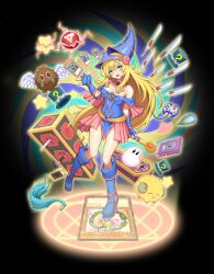 Rule 34 | 1girl, armpit peek, bare shoulders, black background, blonde hair, blue footwear, blue gloves, blue headwear, blush stickers, boots, breasts, card, character request, choker, cleavage, collarbone, commentary, dark magician, dark magician girl, dark renewal, duel monster, enemy controller, english commentary, eyelashes, fingerless gloves, gloves, green eyes, hair between eyes, hat, heart, highres, holding, holding wand, kokoala, large breasts, long hair, magical hats (yu-gi-oh!), marshmallon, open mouth, pentacle, scapegoat, smile, star (symbol), thousand knives, wand, winged kuriboh, wizard hat, yu-gi-oh!