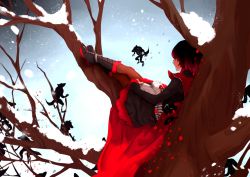 Rule 34 | 1girl, absurdres, black hair, book, boots, breasts, cape, full body, gothic lolita, highres, hood, little red riding hood, lolita fashion, medium breasts, ruby rose, rwby, short hair, grey eyes, smile, snow, solo, thighhighs, tree
