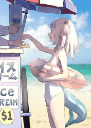 Rule 34 | 1girl, beach, blue hair, day, fins, fish tail, food, gawr gura, highres, holding, holding food, hololive, hololive english, ice cream, innertube, mitsuru (pixiv 34028718), multicolored hair, one-piece swimsuit, outdoors, shark tail, solo focus, standing, streaked hair, swim ring, swimsuit, tail, virtual youtuber, white hair, white one-piece swimsuit