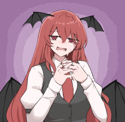 Rule 34 | 1girl, @ @, bat wings, black vest, collared shirt, commentary, english commentary, fingernails, hair between eyes, head wings, highres, juliet sleeves, koakuma, long hair, long sleeves, mata (matasoup), multicolored eyes, nail polish, necktie, open mouth, own hands clasped, own hands together, pink eyes, puffy sleeves, red eyes, red hair, red nails, red necktie, red tie, sharp fingernails, shirt, sleeve garter, solo, sweat, touhou, upper body, vest, white shirt, wings