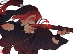 Rule 34 | 1boy, aiming, arm guards, brown hair, covered mouth, finger on trigger, floating hair, flower, furrowed brow, gun, hair tubes, head scarf, high ponytail, highres, holding, holding gun, holding weapon, ine (zx o4), japanese clothes, long hair, long sleeves, looking away, male focus, ninja, ponytail, profile, rakudai ninja rantarou, rifle, simple background, solo, tamura mikiemon, untied, upper body, weapon, white background