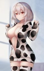 Rule 34 | 1girl, amano kusatsu, animal print, azur lane, breasts, closed mouth, collarbone, commentary, cow print, cowboy shot, expressionless, hair between eyes, hands up, highres, hood, hood down, hoodie, large breasts, long sleeves, looking at viewer, navel, no bra, open clothes, open hoodie, red eyes, sirius (azur lane), sleeves past wrists, solo, thighhighs, thighs, white hair, zipper pull tab