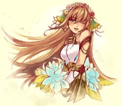 Rule 34 | 1girl, anoushka russell, blue eyes, blue flower, blush, breasts, ciel nosurge, commentary, dress, english commentary, floating hair, flower, flower wreath, head tilt, ionasal kkll preciel, long hair, looking at viewer, one eye closed, parted lips, small breasts, smile, solo, surge concerto, very long hair, white dress