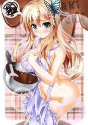 Rule 34 | 10s, 1girl, apron, ass, blonde hair, blue eyes, boku wa tomodachi ga sukunai, bowl, bug, butterfly, butterfly hair ornament, chocolate, embarrassed, hair ornament, hatsuyuki, hatsuyuki (trequarti), bug, kashiwazaki sena, long hair, mixing bowl, naked apron, navel, plaid, plaid background, solo, spatula, spoken squiggle, squiggle
