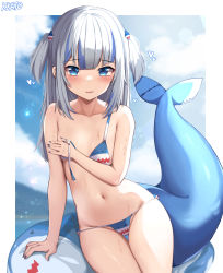 Rule 34 | absurdres, bikini, blue eyes, blue hair, blurry, blurry background, blush, border, covering privates, covering chest, cowboy shot, fins, fish tail, gawr gura, grey hair, heart, highres, hololive, hololive english, kkato, long hair, multicolored hair, navel, parted lips, raised eyebrows, shark tail, stomach, string bikini, swimsuit, tail, thighs, two-tone hair, two side up, untied bikini, virtual youtuber, white border