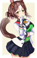 Rule 34 | 1girl, animal ears, ascot, black skirt, border, brown hair, buttons, closed mouth, clover hair ornament, collared shirt, commentary request, cowboy shot, double-breasted, fine motion (umamusume), gloves, green eyes, green vest, hair bun, hair ornament, hanamura pink, highres, horse ears, horse girl, horse tail, jacket, multicolored hair, purple eyes, shirt, short hair, simple background, skirt, smile, solo, streaked hair, tail, umamusume, vest, white ascot, white border, white gloves, white hair, white jacket, yellow background