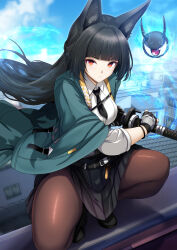 1girl animal_ear_fluff animal_ears black_footwear black_gloves black_hair black_necktie black_pantyhose black_skirt blunt_bangs breasts commentary_request daiaru fingerless_gloves fox_ears fox_girl gloves green_jacket highres hoshimi_miyabi jacket japanese_clothes katana long_hair looking_at_viewer necktie on_rooftop outdoors pantyhose parted_lips red_eyes sheath shirt single_fingerless_glove skirt solo squatting sword unsheathing weapon white_shirt zenless_zone_zero