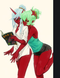 Rule 34 | 10s, 2girls, alternate hairstyle, blue hair, bottomless, casual, colored skin, demon girl, fang, glasses, green hair, hair up, horns, hug, hug from behind, incest, kneesocks (psg), magazine (object), multiple girls, panty &amp; stocking with garterbelt, red skin, ru-ru-tia, scanty (psg), shirt, siblings, sisters, sleeves rolled up, standing, standing on one leg, white shirt, yuri