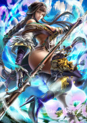Rule 34 | 1girl, armored boots, asymmetrical clothes, bare shoulders, boots, braid, breasts, brown hair, cleavage, gauntlets, granblue fantasy, green eyes, hair ornament, hairpin, high heel boots, high heels, kaopon, large breasts, legs, long hair, looking at viewer, multiple braids, parted lips, polearm, shura (granblue fantasy), single pantsleg, spear, thighs, weapon
